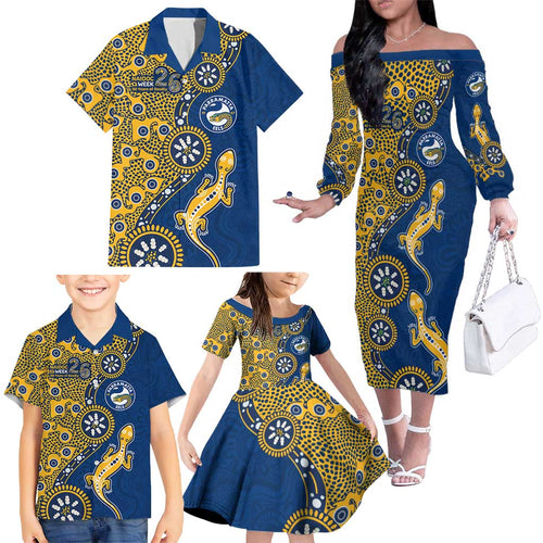 Parramatta Eels NAIDOC Week 2026 Family Matching Off The Shoulder Long Sleeve Dress and Hawaiian Shirt Aboriginal Lizard Dot Painting - 50 Years of Deadly