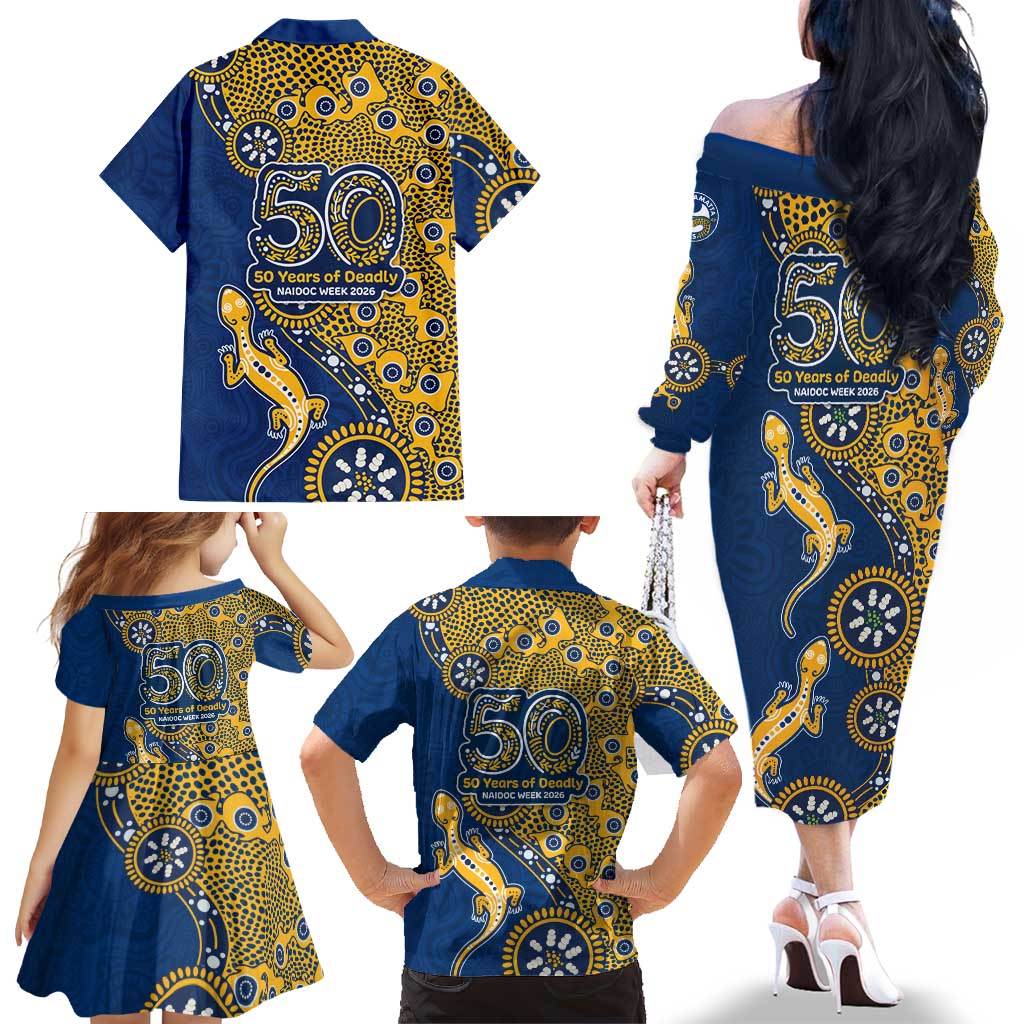 Parramatta Eels NAIDOC Week 2026 Family Matching Off The Shoulder Long Sleeve Dress and Hawaiian Shirt Aboriginal Lizard Dot Painting - 50 Years of Deadly