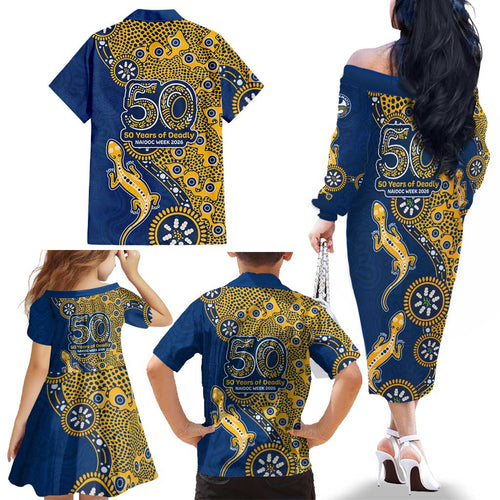 Parramatta Eels NAIDOC Week 2026 Family Matching Off The Shoulder Long Sleeve Dress and Hawaiian Shirt Aboriginal Lizard Dot Painting - 50 Years of Deadly
