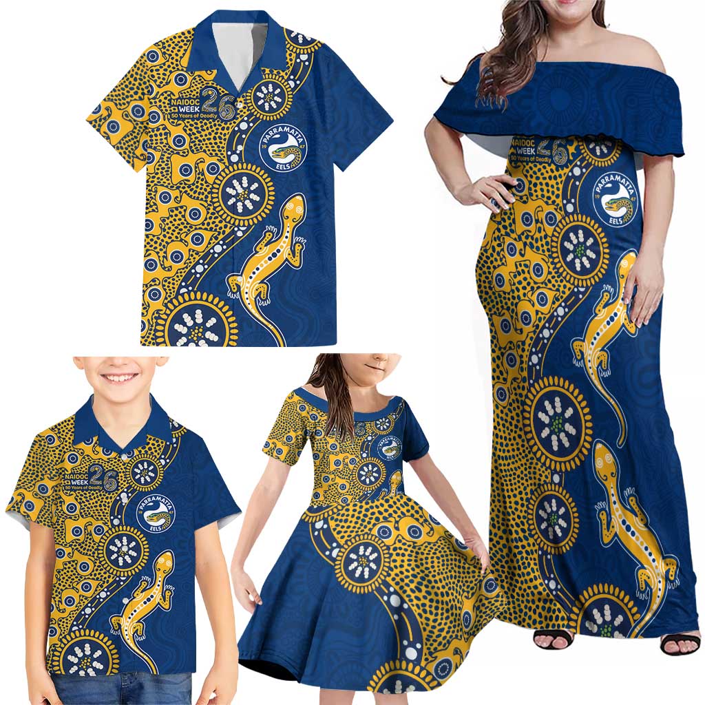 Parramatta Eels NAIDOC Week 2026 Family Matching Off Shoulder Maxi Dress and Hawaiian Shirt Aboriginal Lizard Dot Painting - 50 Years of Deadly