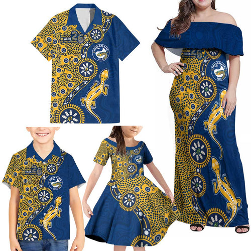 Parramatta Eels NAIDOC Week 2026 Family Matching Off Shoulder Maxi Dress and Hawaiian Shirt Aboriginal Lizard Dot Painting - 50 Years of Deadly