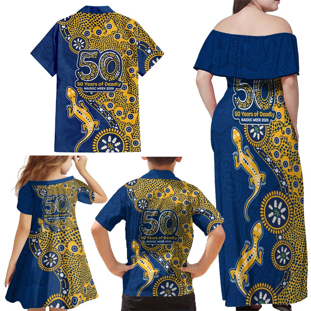 Parramatta Eels NAIDOC Week 2026 Family Matching Off Shoulder Maxi Dress and Hawaiian Shirt Aboriginal Lizard Dot Painting - 50 Years of Deadly