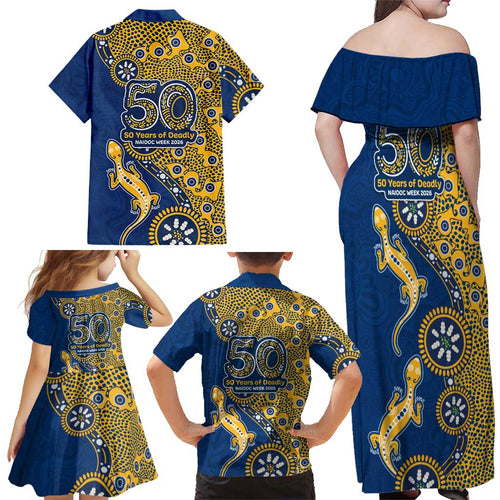 Parramatta Eels NAIDOC Week 2026 Family Matching Off Shoulder Maxi Dress and Hawaiian Shirt Aboriginal Lizard Dot Painting - 50 Years of Deadly