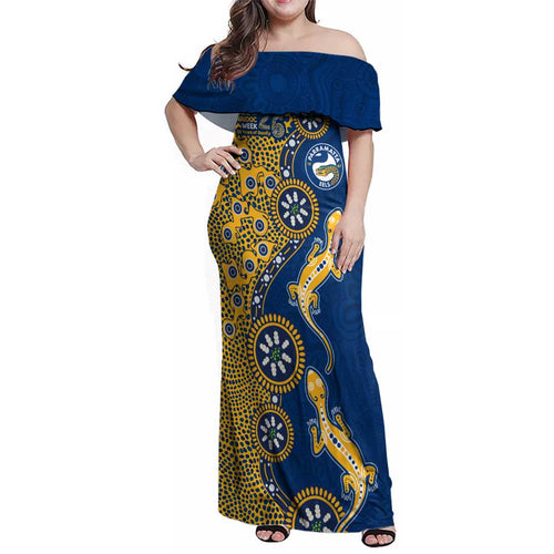 Parramatta Eels NAIDOC Week 2026 Family Matching Off Shoulder Maxi Dress and Hawaiian Shirt Aboriginal Lizard Dot Painting - 50 Years of Deadly