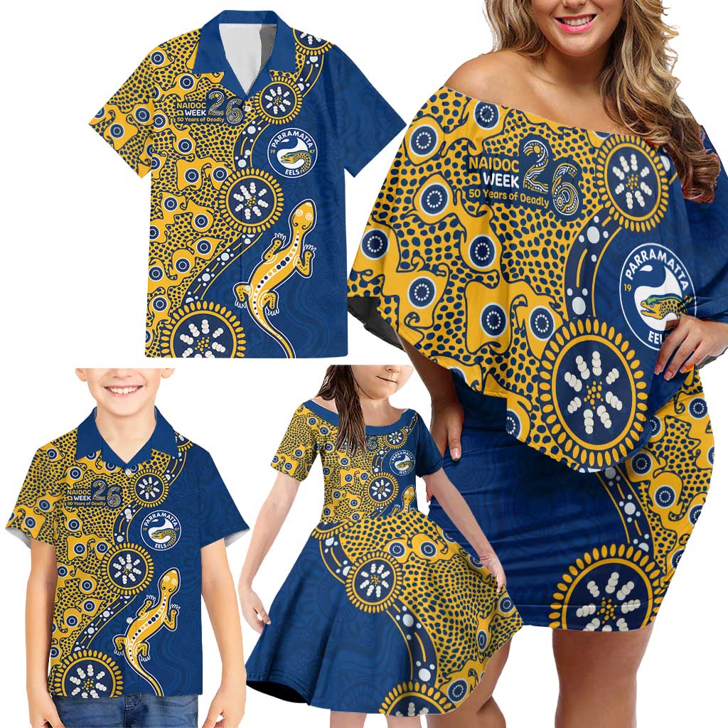 Parramatta Eels NAIDOC Week 2026 Family Matching Off Shoulder Short Dress and Hawaiian Shirt Aboriginal Lizard Dot Painting - 50 Years of Deadly