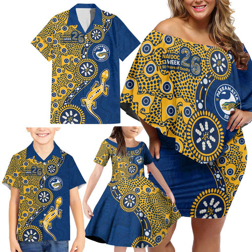Parramatta Eels NAIDOC Week 2026 Family Matching Off Shoulder Short Dress and Hawaiian Shirt Aboriginal Lizard Dot Painting - 50 Years of Deadly