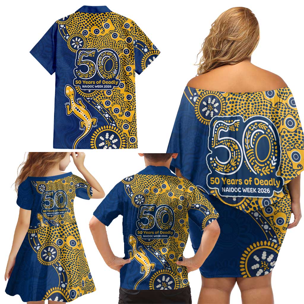 Parramatta Eels NAIDOC Week 2026 Family Matching Off Shoulder Short Dress and Hawaiian Shirt Aboriginal Lizard Dot Painting - 50 Years of Deadly