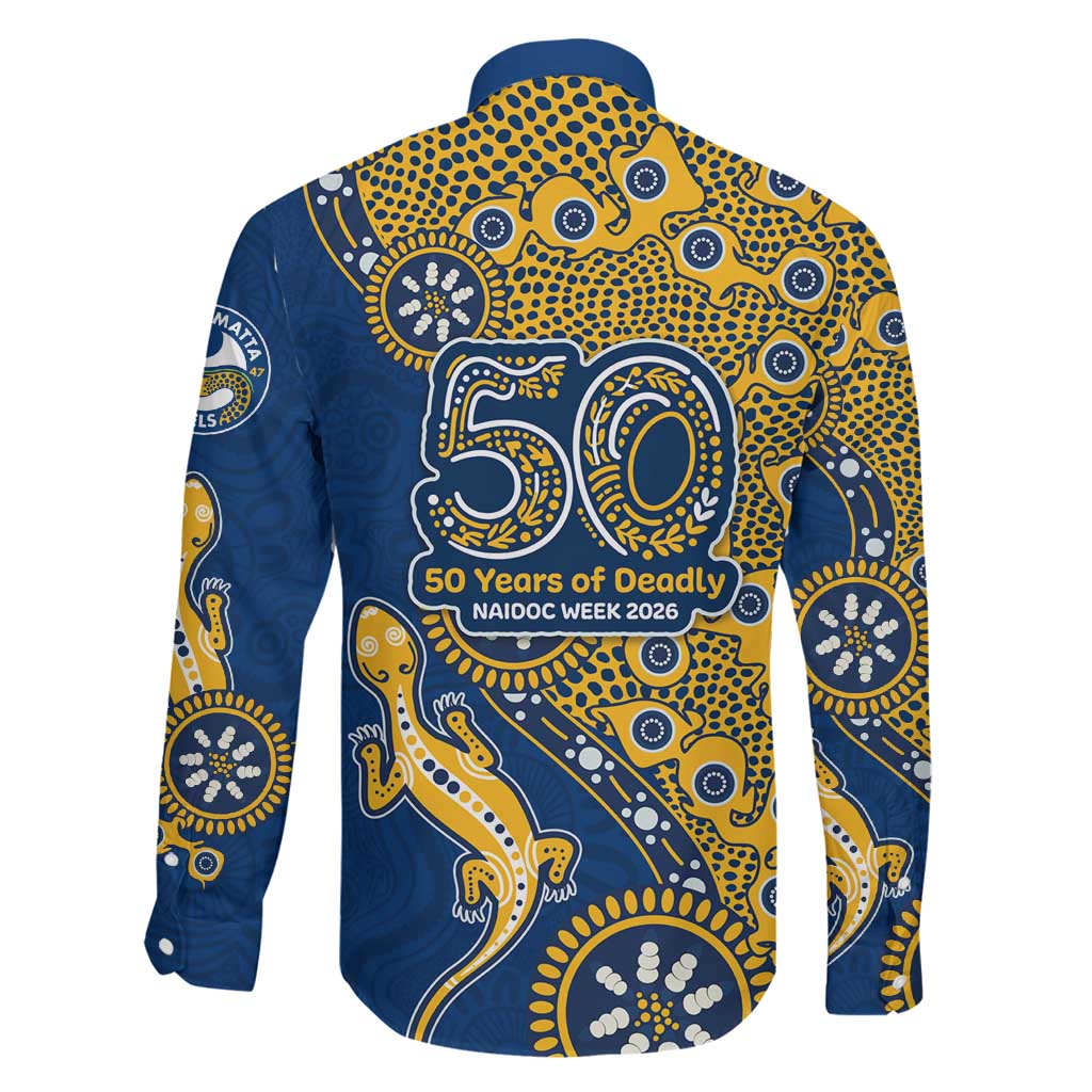 Parramatta Eels NAIDOC Week 2026 Family Matching Off Shoulder Short Dress and Hawaiian Shirt Aboriginal Lizard Dot Painting - 50 Years of Deadly