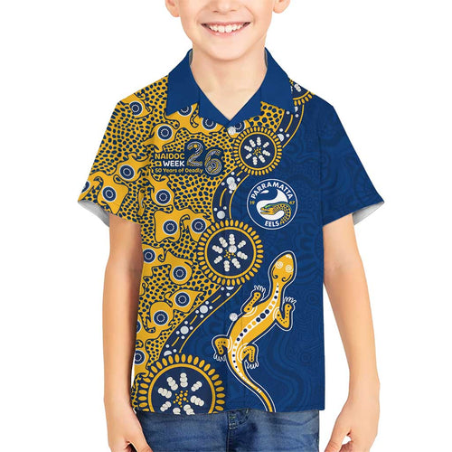 Parramatta Eels NAIDOC Week 2026 Family Matching Off Shoulder Short Dress and Hawaiian Shirt Aboriginal Lizard Dot Painting - 50 Years of Deadly