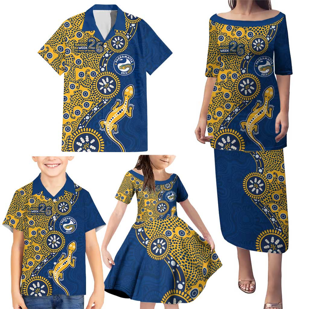 Parramatta Eels NAIDOC Week 2026 Family Matching Puletasi and Hawaiian Shirt Aboriginal Lizard Dot Painting - 50 Years of Deadly