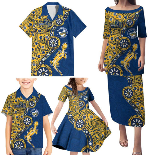 Parramatta Eels NAIDOC Week 2026 Family Matching Puletasi and Hawaiian Shirt Aboriginal Lizard Dot Painting - 50 Years of Deadly