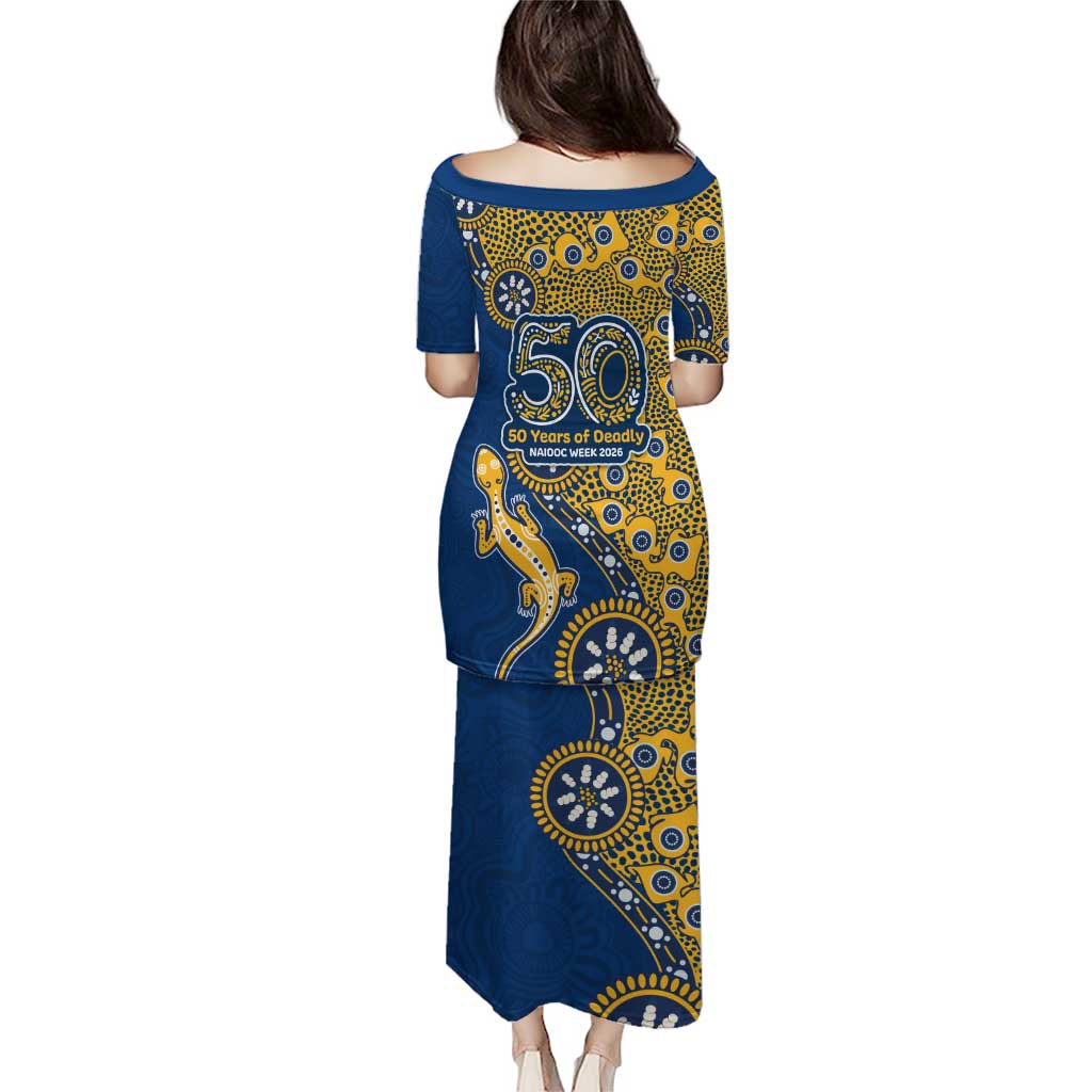 Parramatta Eels NAIDOC Week 2026 Family Matching Puletasi and Hawaiian Shirt Aboriginal Lizard Dot Painting - 50 Years of Deadly