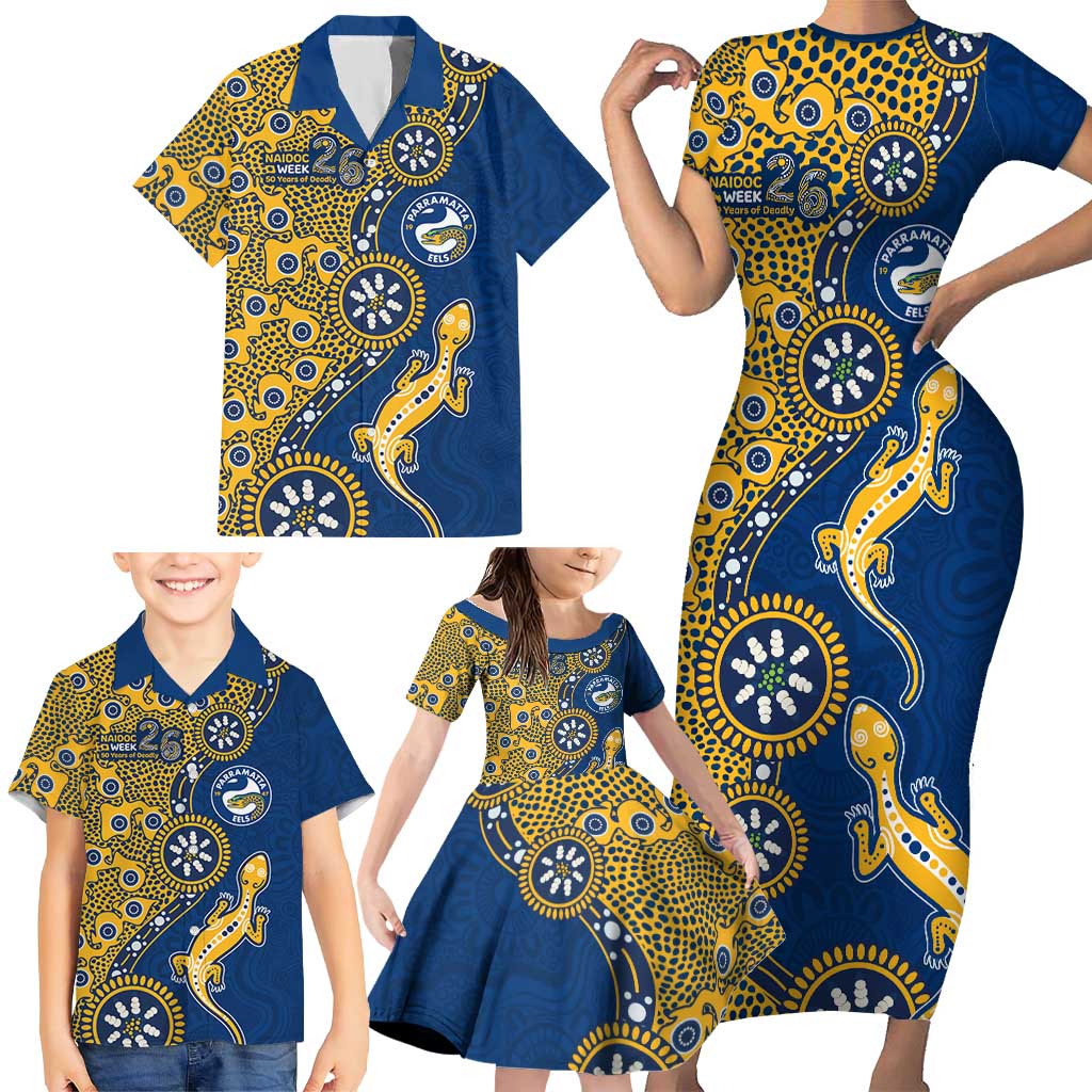 Parramatta Eels NAIDOC Week 2026 Family Matching Short Sleeve Bodycon Dress and Hawaiian Shirt Aboriginal Lizard Dot Painting - 50 Years of Deadly