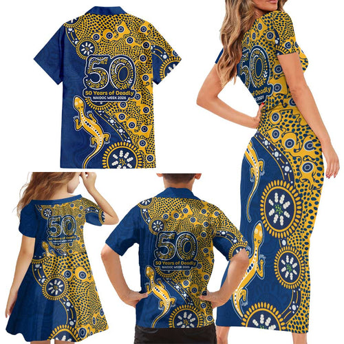 Parramatta Eels NAIDOC Week 2026 Family Matching Short Sleeve Bodycon Dress and Hawaiian Shirt Aboriginal Lizard Dot Painting - 50 Years of Deadly