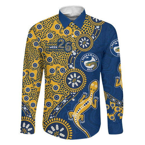 Parramatta Eels NAIDOC Week 2026 Family Matching Short Sleeve Bodycon Dress and Hawaiian Shirt Aboriginal Lizard Dot Painting - 50 Years of Deadly