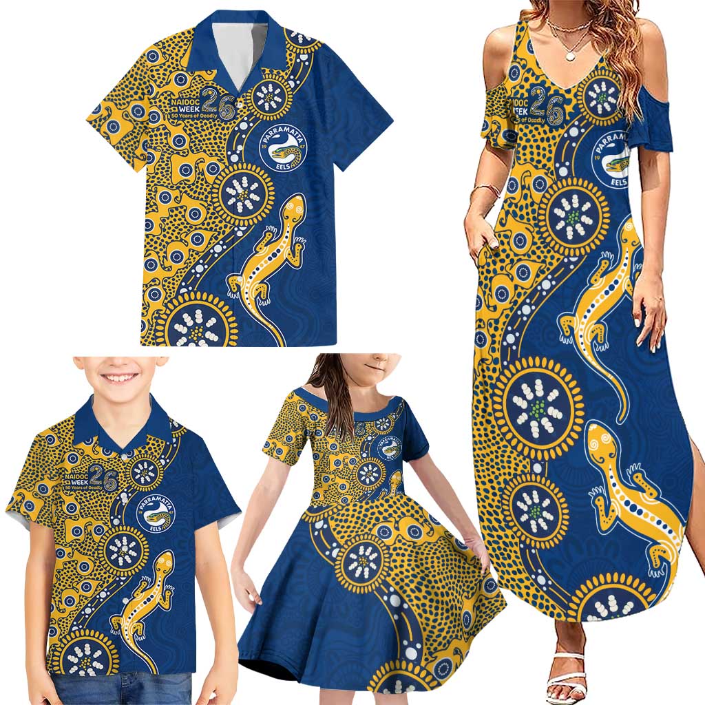 Parramatta Eels NAIDOC Week 2026 Family Matching Summer Maxi Dress and Hawaiian Shirt Aboriginal Lizard Dot Painting - 50 Years of Deadly