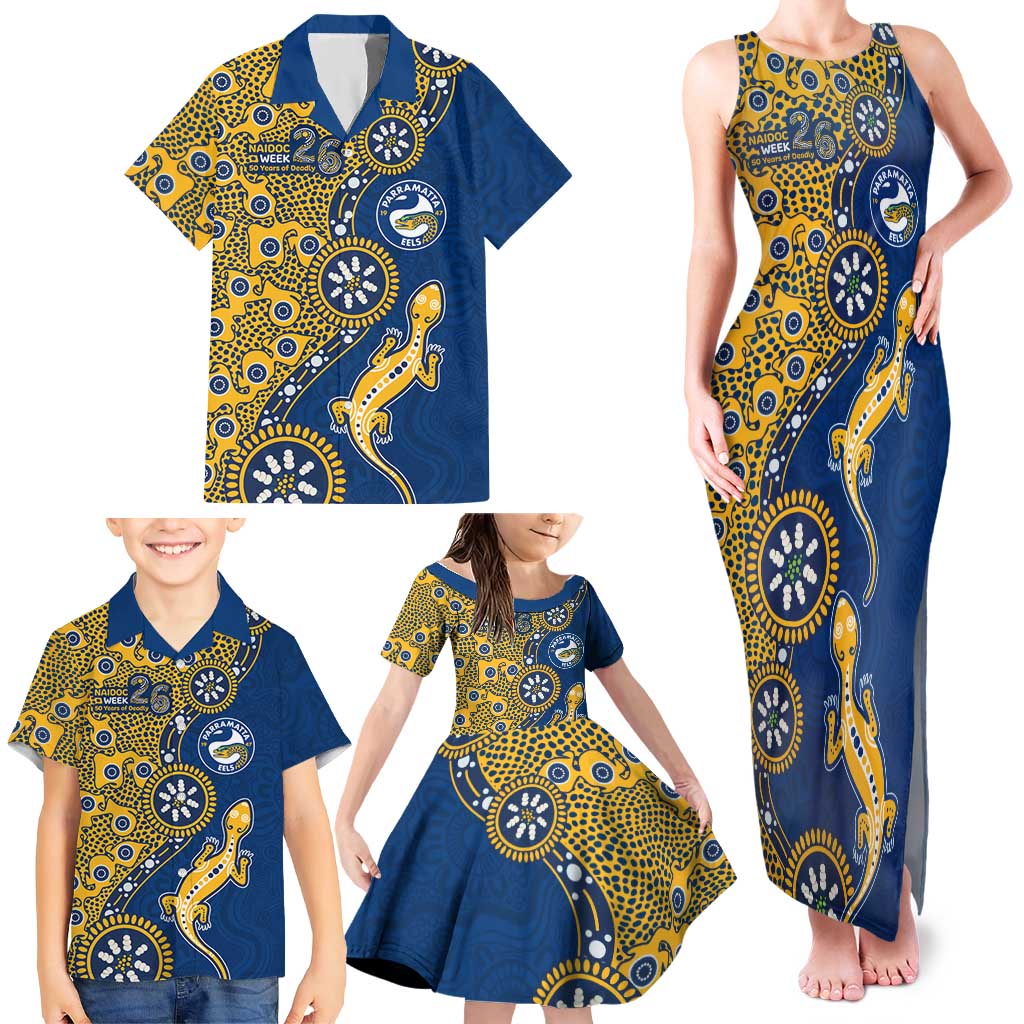 Parramatta Eels NAIDOC Week 2026 Family Matching Tank Maxi Dress and Hawaiian Shirt Aboriginal Lizard Dot Painting - 50 Years of Deadly