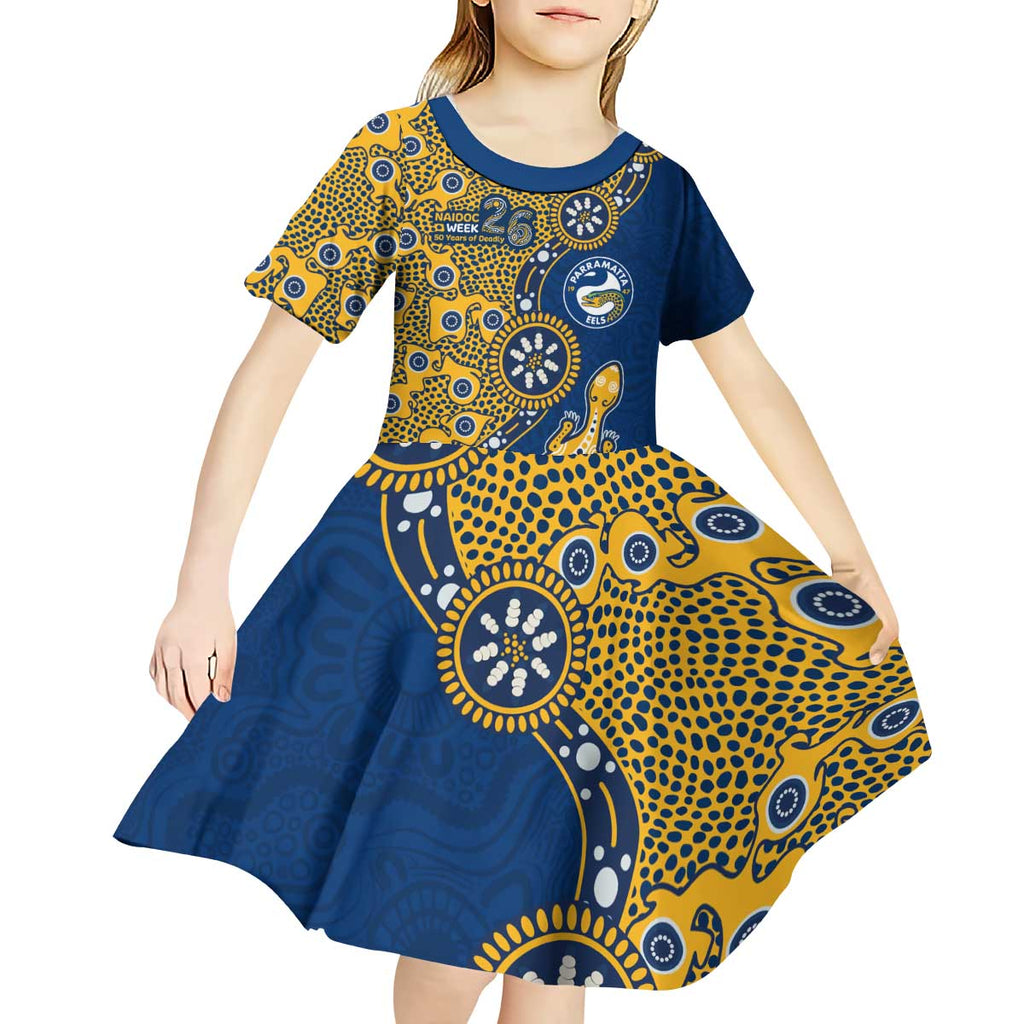 Parramatta Eels NAIDOC Week 2026 Kid Short Sleeve Dress Aboriginal Lizard Dot Painting - 50 Years of Deadly