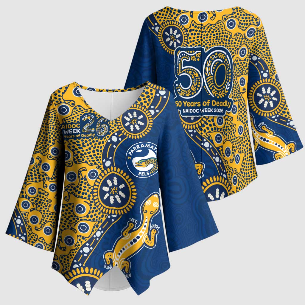 Parramatta Eels NAIDOC Week 2026 Kimono Sleeve Blouse Aboriginal Lizard Dot Painting - 50 Years of Deadly