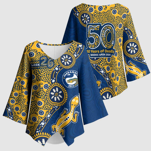 Parramatta Eels NAIDOC Week 2026 Kimono Sleeve Blouse Aboriginal Lizard Dot Painting - 50 Years of Deadly