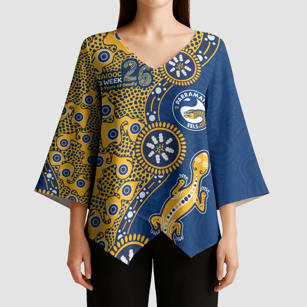 Parramatta Eels NAIDOC Week 2026 Kimono Sleeve Blouse Aboriginal Lizard Dot Painting - 50 Years of Deadly