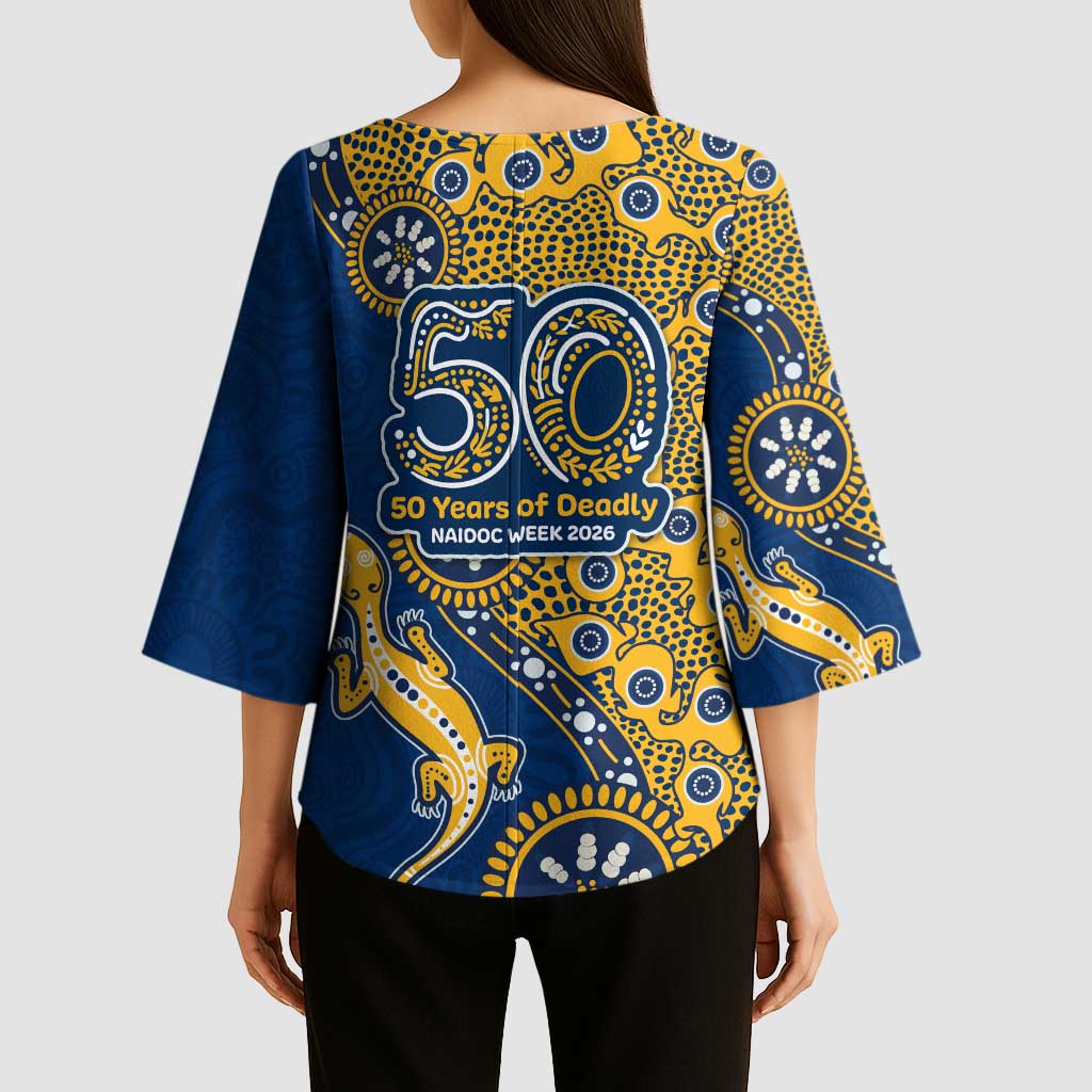 Parramatta Eels NAIDOC Week 2026 Kimono Sleeve Blouse Aboriginal Lizard Dot Painting - 50 Years of Deadly