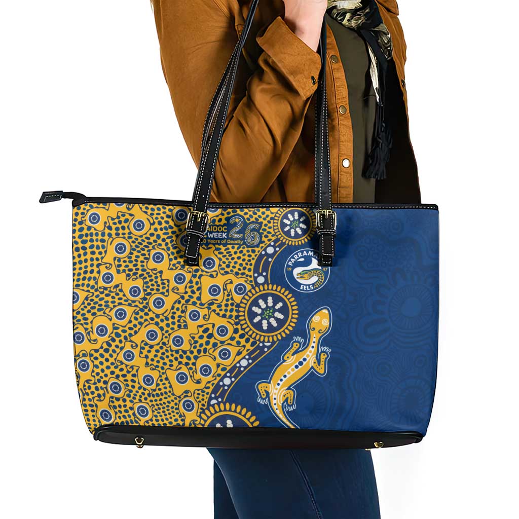 Parramatta Eels NAIDOC Week 2026 Leather Tote Bag Aboriginal Lizard Dot Painting - 50 Years of Deadly