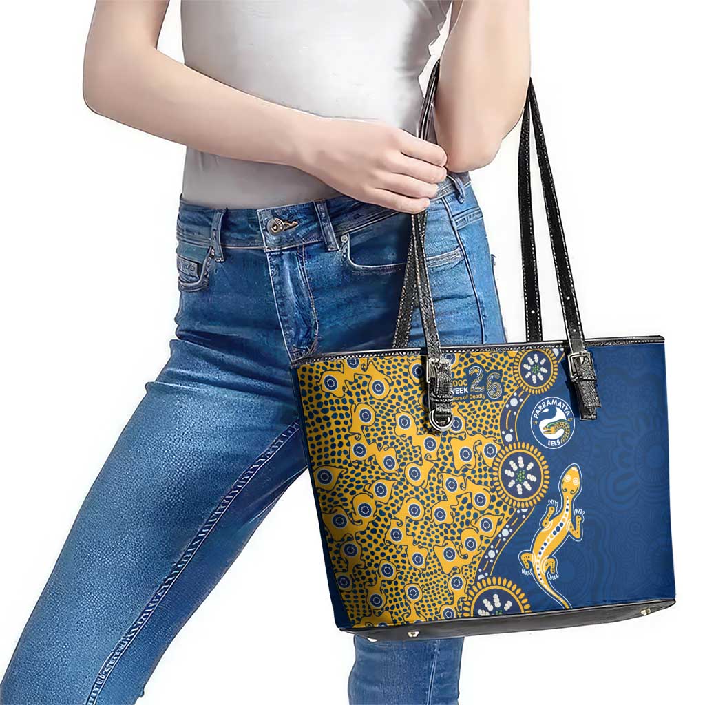 Parramatta Eels NAIDOC Week 2026 Leather Tote Bag Aboriginal Lizard Dot Painting - 50 Years of Deadly