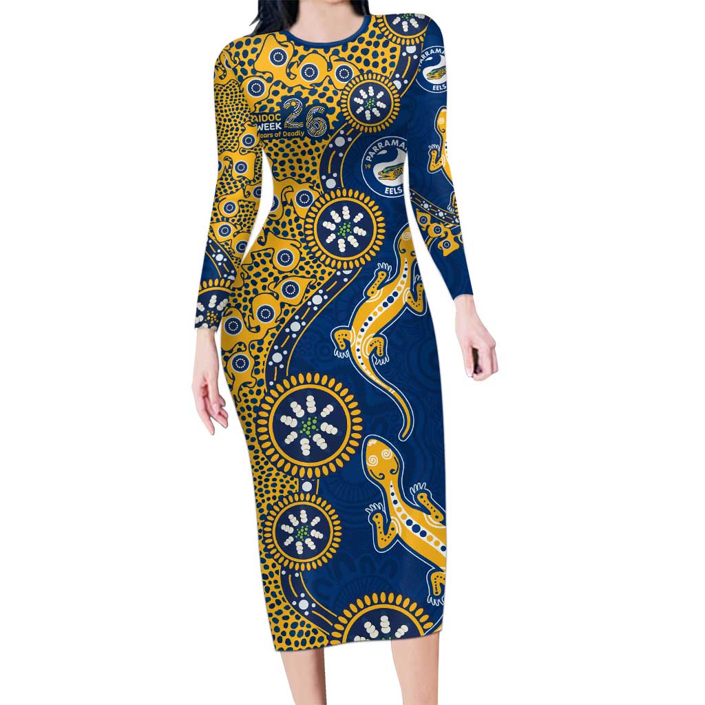 Parramatta Eels NAIDOC Week 2026 Long Sleeve Bodycon Dress Aboriginal Lizard Dot Painting - 50 Years of Deadly
