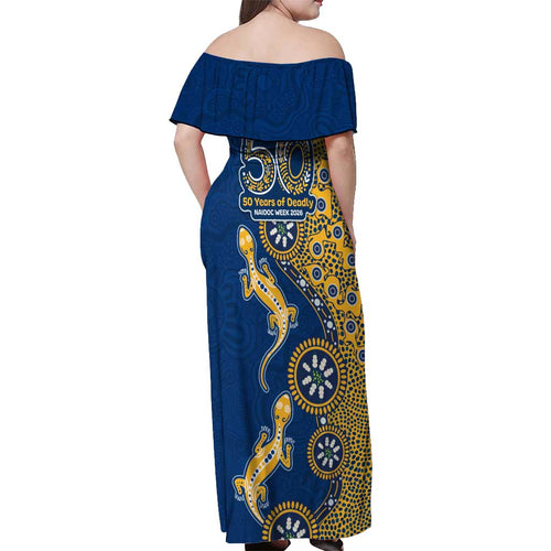 Parramatta Eels NAIDOC Week 2026 Off Shoulder Maxi Dress Aboriginal Lizard Dot Painting - 50 Years of Deadly