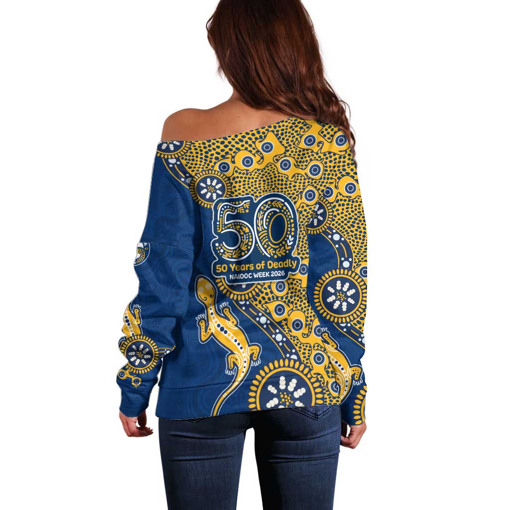 Parramatta Eels NAIDOC Week 2026 Off Shoulder Sweater Aboriginal Lizard Dot Painting - 50 Years of Deadly