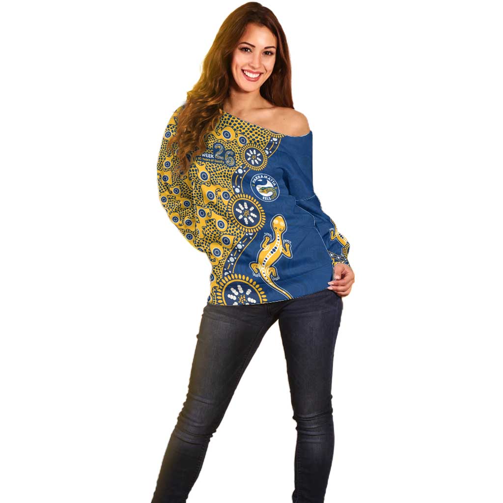Parramatta Eels NAIDOC Week 2026 Off Shoulder Sweater Aboriginal Lizard Dot Painting - 50 Years of Deadly