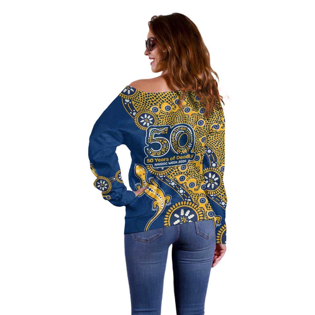 Parramatta Eels NAIDOC Week 2026 Off Shoulder Sweater Aboriginal Lizard Dot Painting - 50 Years of Deadly
