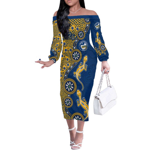 Parramatta Eels NAIDOC Week 2026 Off The Shoulder Long Sleeve Dress Aboriginal Lizard Dot Painting - 50 Years of Deadly