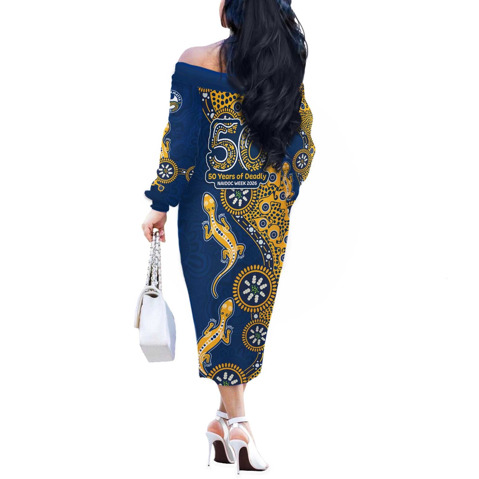 Parramatta Eels NAIDOC Week 2026 Off The Shoulder Long Sleeve Dress Aboriginal Lizard Dot Painting - 50 Years of Deadly