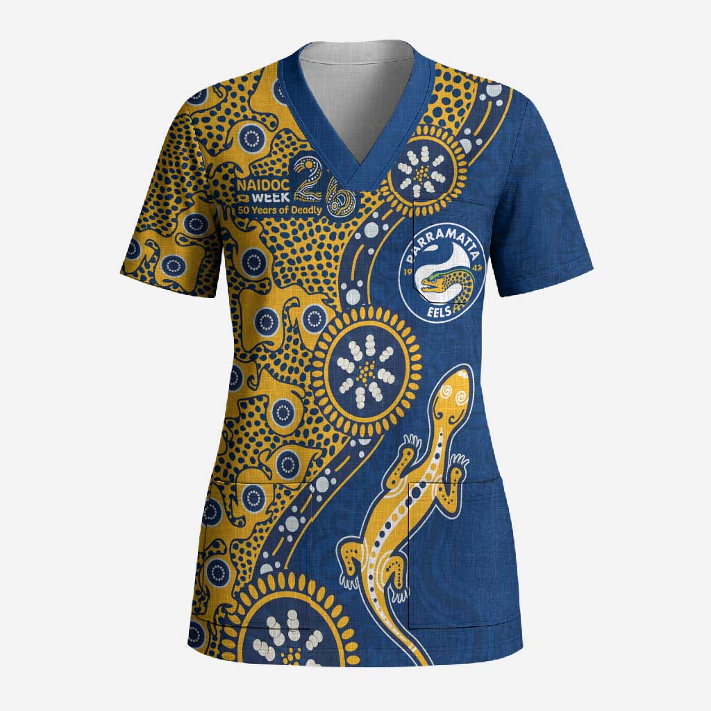 Parramatta Eels NAIDOC Week 2026 Scrub Top Aboriginal Lizard Dot Painting - 50 Years of Deadly