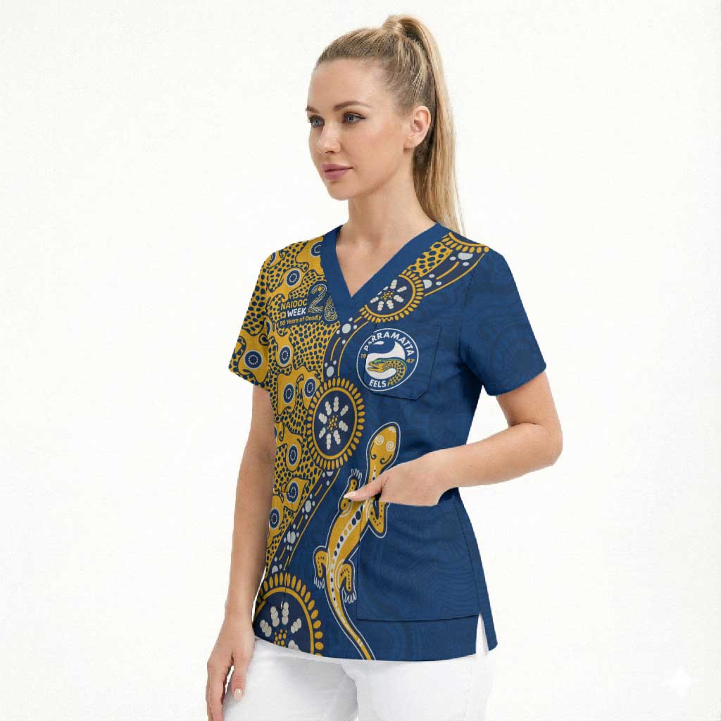 Parramatta Eels NAIDOC Week 2026 Scrub Top Aboriginal Lizard Dot Painting - 50 Years of Deadly