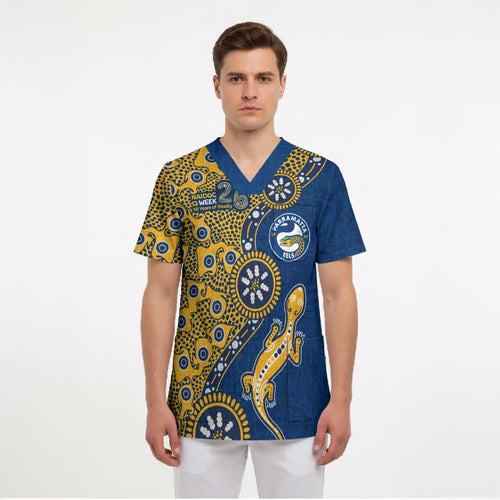 Parramatta Eels NAIDOC Week 2026 Scrub Top Aboriginal Lizard Dot Painting - 50 Years of Deadly