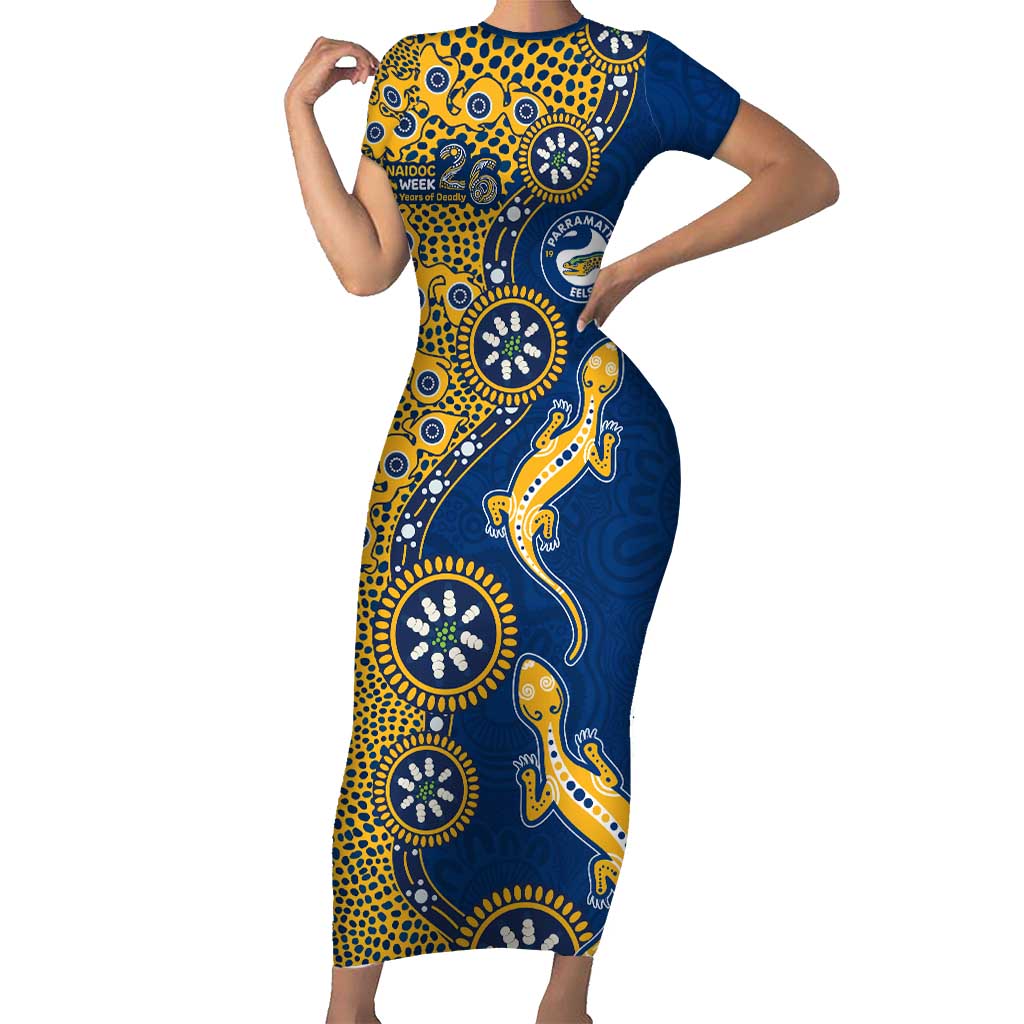 Parramatta Eels NAIDOC Week 2026 Short Sleeve Bodycon Dress Aboriginal Lizard Dot Painting - 50 Years of Deadly