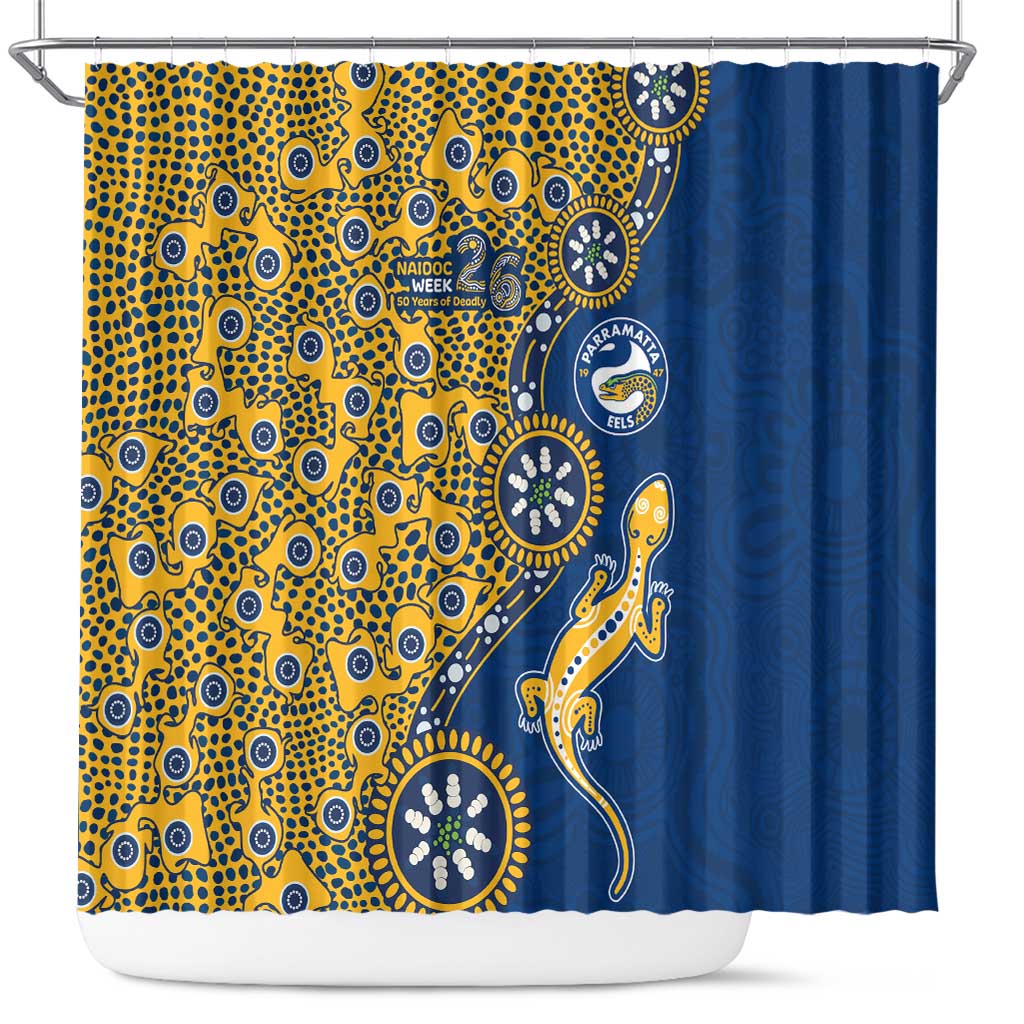 Parramatta Eels NAIDOC Week 2026 Shower Curtain Aboriginal Lizard Dot Painting - 50 Years of Deadly