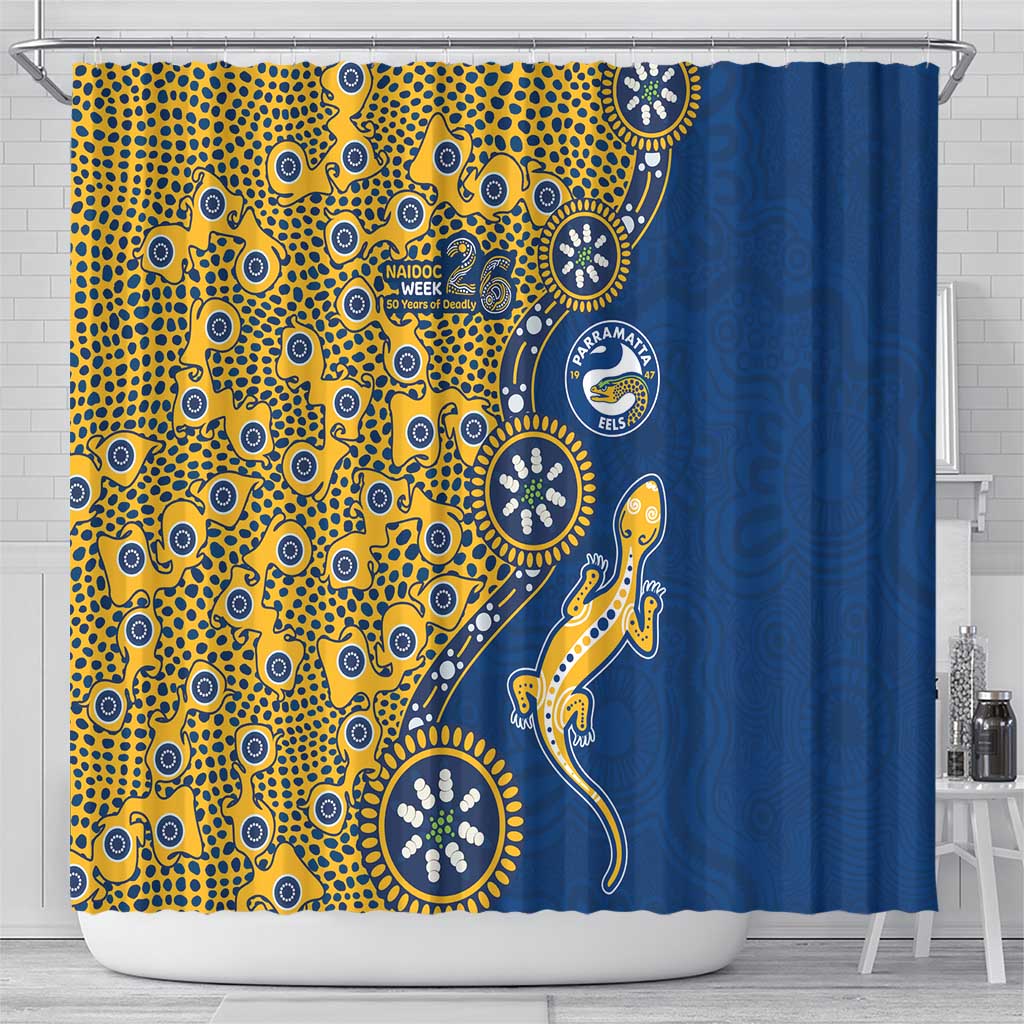 Parramatta Eels NAIDOC Week 2026 Shower Curtain Aboriginal Lizard Dot Painting - 50 Years of Deadly