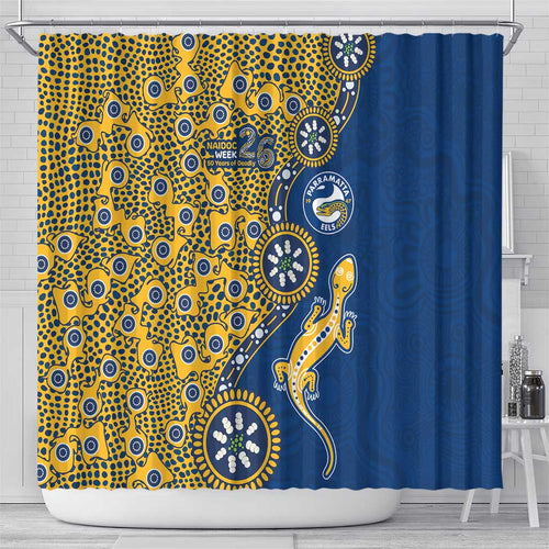 Parramatta Eels NAIDOC Week 2026 Shower Curtain Aboriginal Lizard Dot Painting - 50 Years of Deadly
