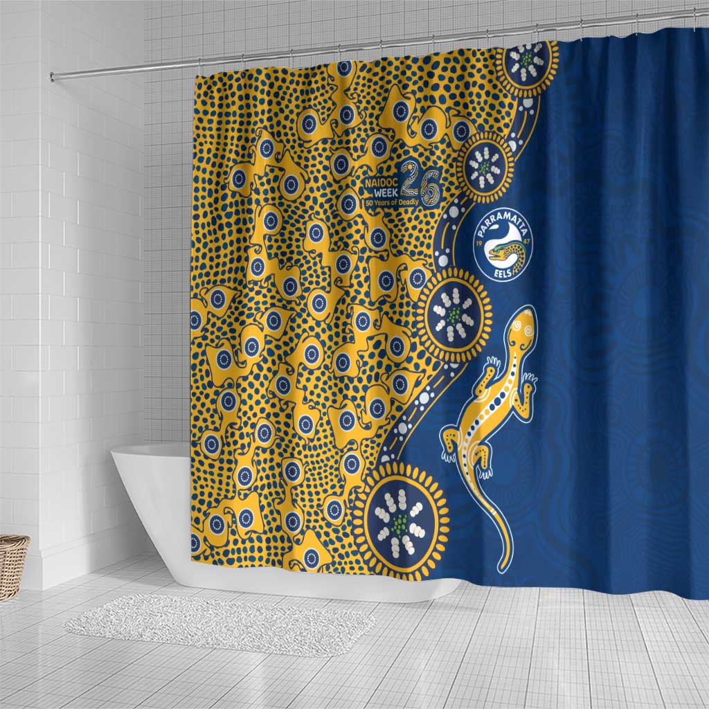 Parramatta Eels NAIDOC Week 2026 Shower Curtain Aboriginal Lizard Dot Painting - 50 Years of Deadly