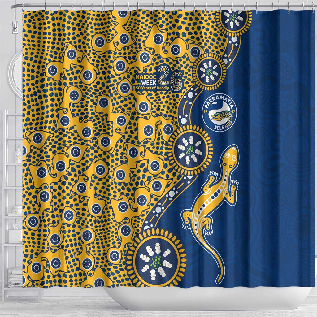 Parramatta Eels NAIDOC Week 2026 Shower Curtain Aboriginal Lizard Dot Painting - 50 Years of Deadly