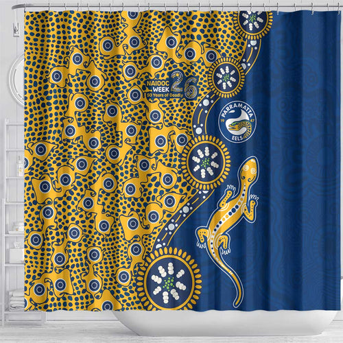 Parramatta Eels NAIDOC Week 2026 Shower Curtain Aboriginal Lizard Dot Painting - 50 Years of Deadly