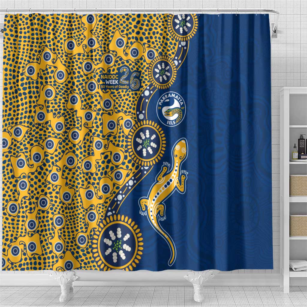 Parramatta Eels NAIDOC Week 2026 Shower Curtain Aboriginal Lizard Dot Painting - 50 Years of Deadly