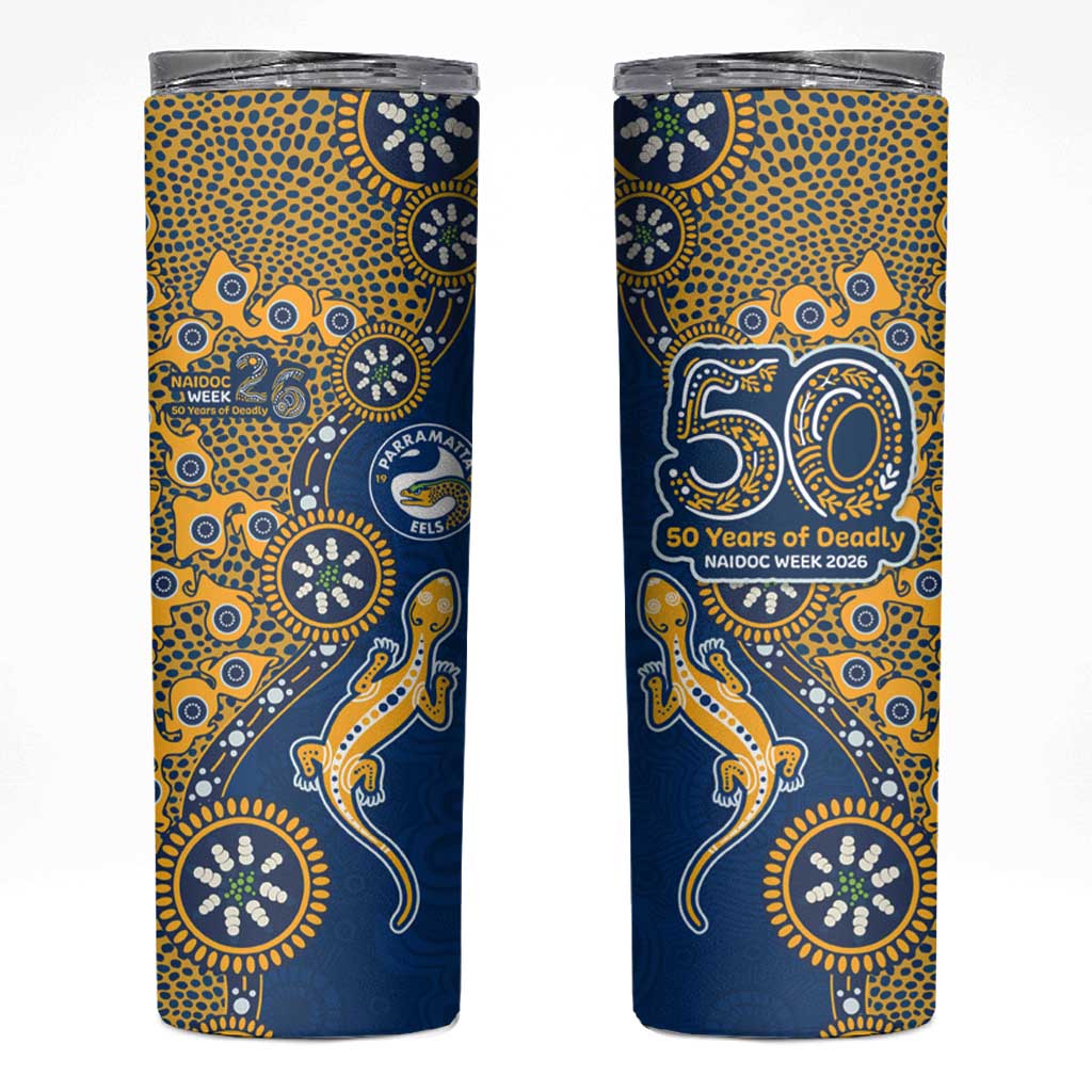 Parramatta Eels NAIDOC Week 2026 Skinny Tumbler Aboriginal Lizard Dot Painting - 50 Years of Deadly