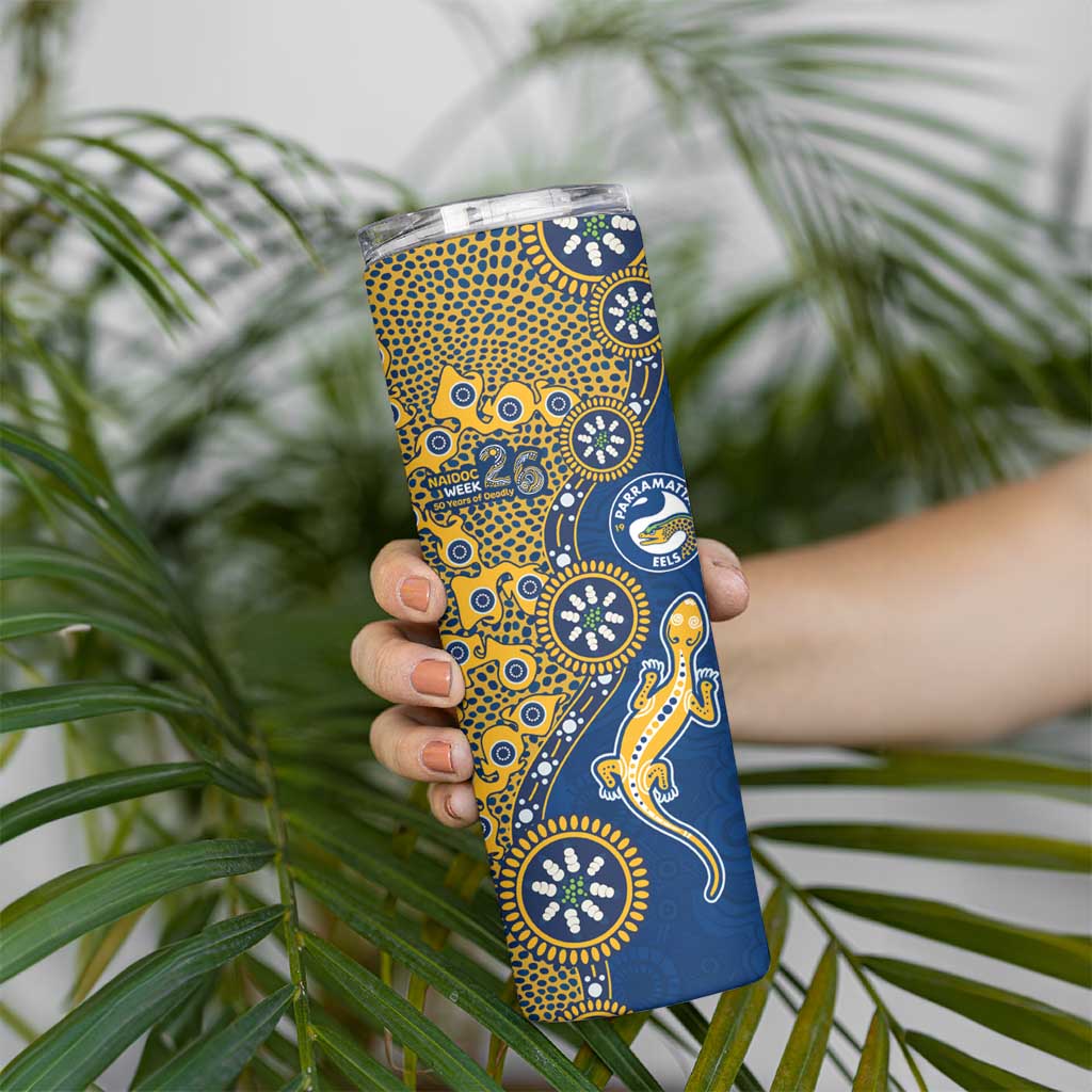 Parramatta Eels NAIDOC Week 2026 Skinny Tumbler Aboriginal Lizard Dot Painting - 50 Years of Deadly