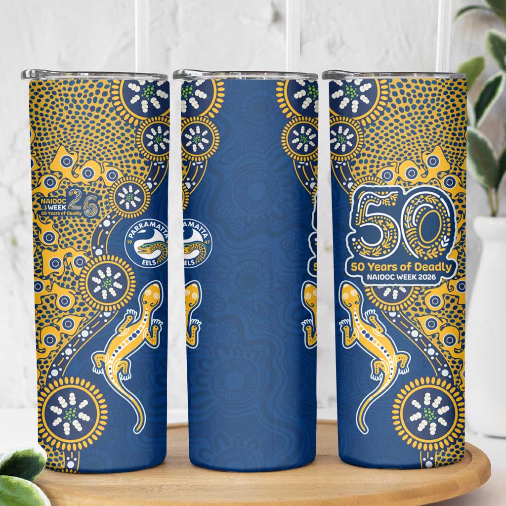 Parramatta Eels NAIDOC Week 2026 Skinny Tumbler Aboriginal Lizard Dot Painting - 50 Years of Deadly