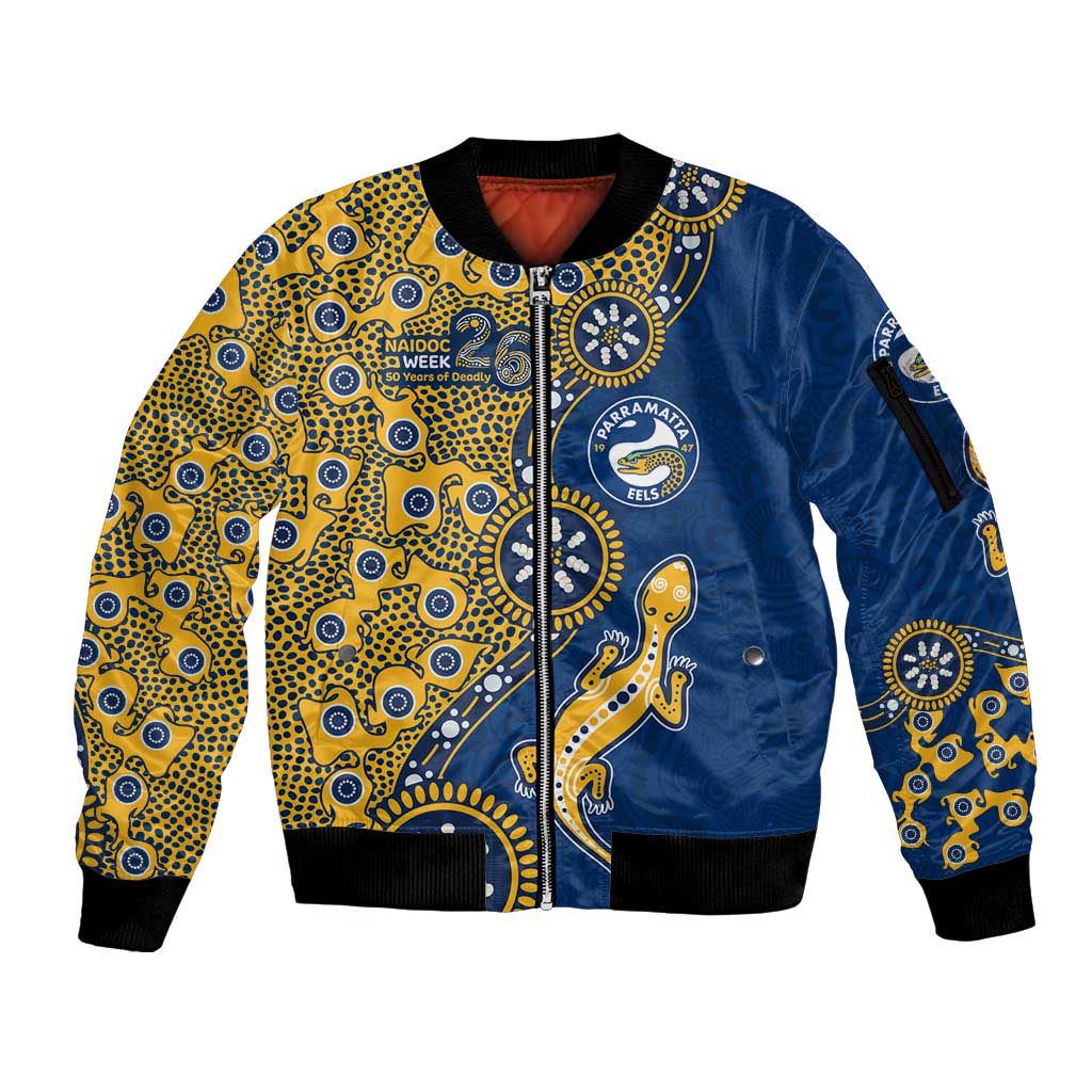 Parramatta Eels NAIDOC Week 2026 Sleeve Zip Bomber Jacket Aboriginal Lizard Dot Painting - 50 Years of Deadly